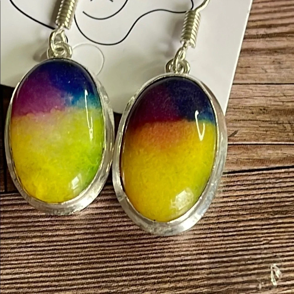 Yellow and Purple Oval Earrings with Silver Hooks